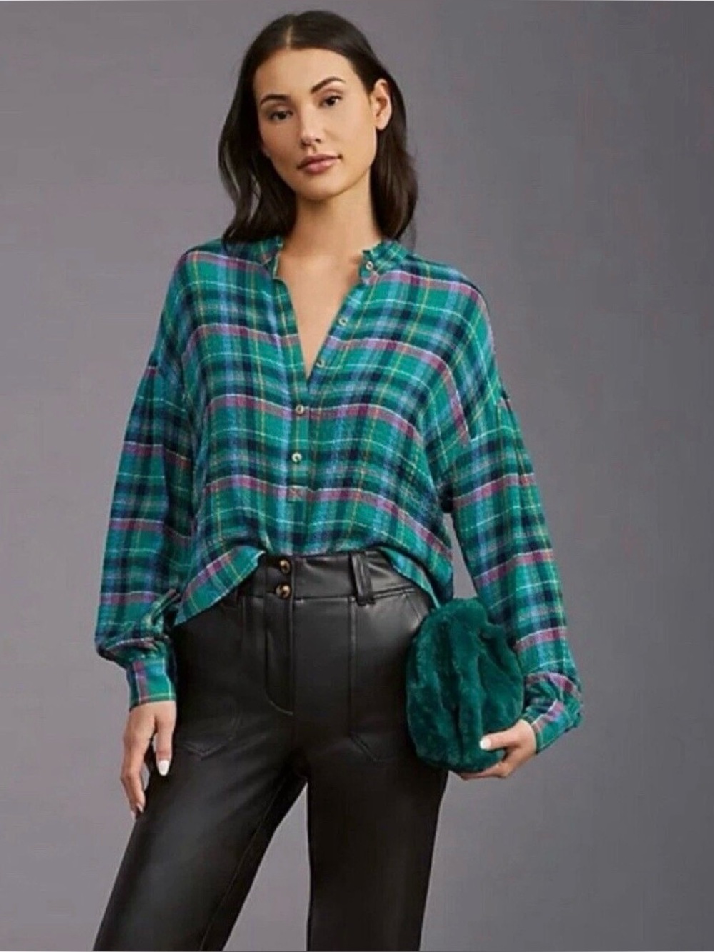 Anthropologie Pilcro Cropped Puff-Sleeve Soft Crinkle Plaid Blouse Green Sz XS